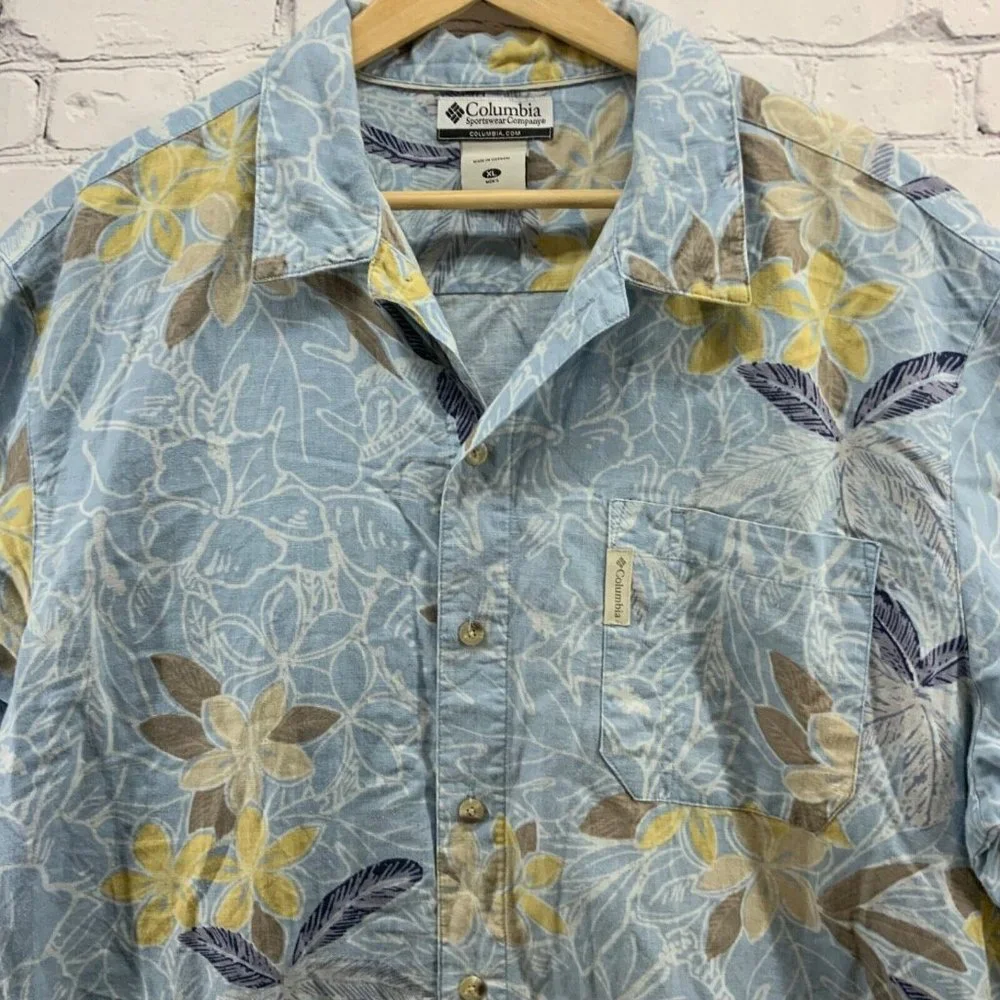 Columbia Hawaiian Shirt Linen Blend Mens Sz XL Pale‎ Blue Print